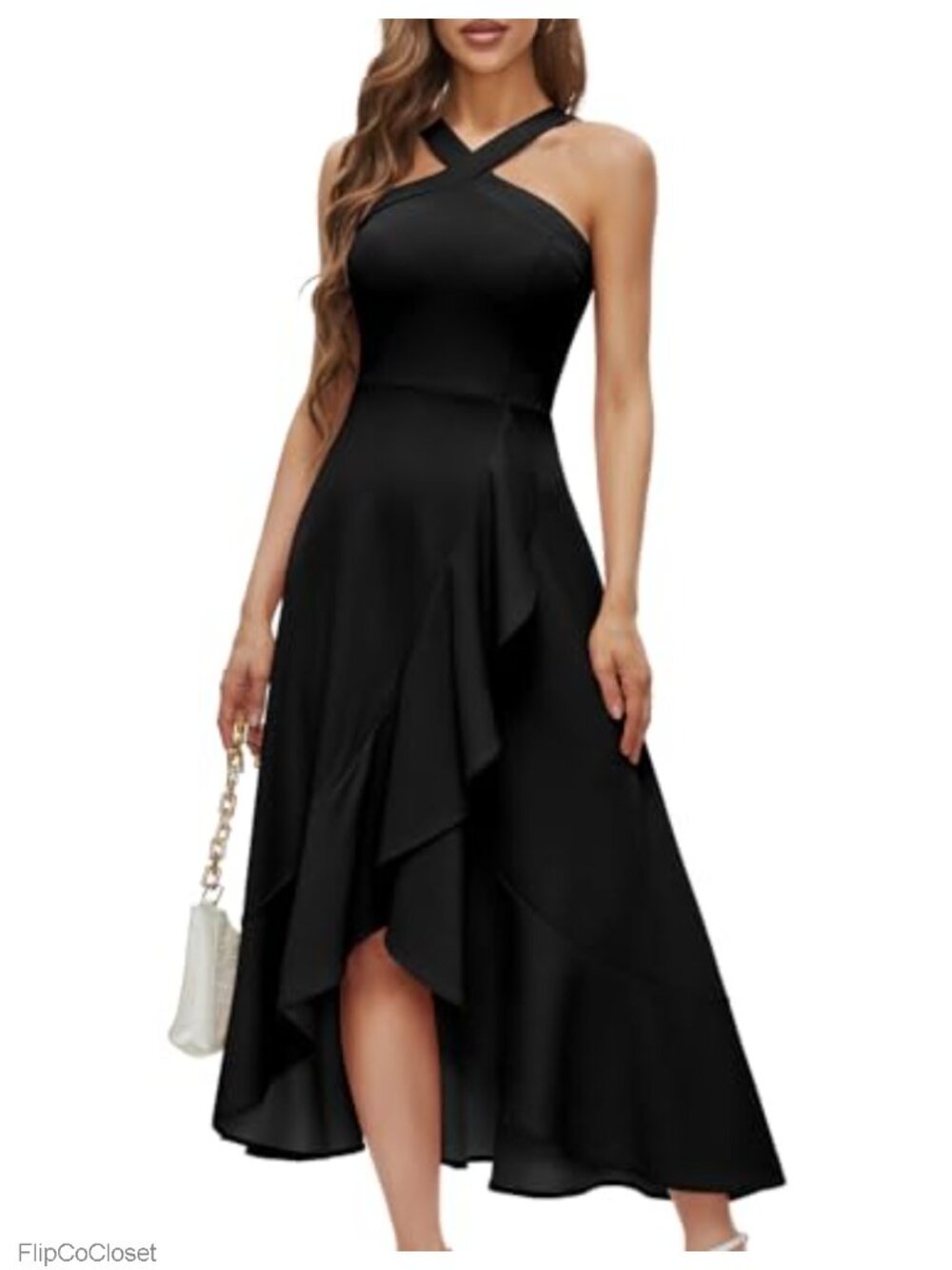 Halter Maxi Cocktail Dress Ruffle A-Line Prom Wedding Guest Sleeveless Formal